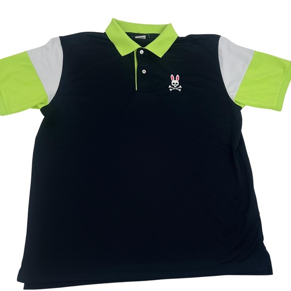 Psycho Bunny Polo Shirt Mens 2XL Navy Neon Green Colorblock Golf Skull Logo - Picture 4 of 16